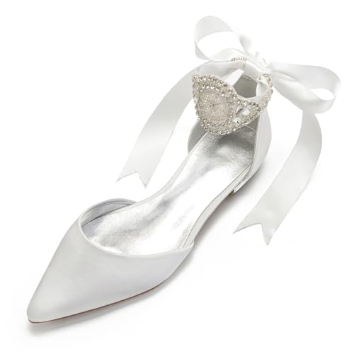 Hochzeit Schuhe Damen Flach Pointed Toe Bridal Flache Schuhe Formelle Abend Abschlussball Party Kleid Schuhe 1.5Cm,Elfenbein,40 EU von Generic