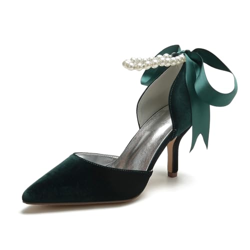 Hochzeit Schuhe Damen High Spitze Zehen Abendschuhe Party Satin Stiletto High Heels Brautschuhe 8Cm,Dark Green,37 EU von Generic