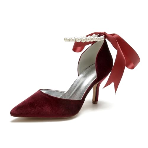 Hochzeit Schuhe Damen High Spitze Zehen Abendschuhe Party Satin Stiletto High Heels Brautschuhe 8Cm,Wine red,38 EU von Generic