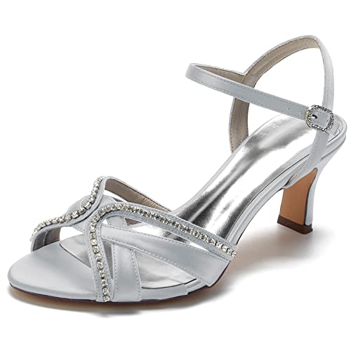 Hochzeit Schuhe Damen Niedrig Absatz Sandalen Bridal Peep Toe Kitten Heel Satin Prom Party Dress High Heels 6.5Cm,Silber,41 EU von Generic