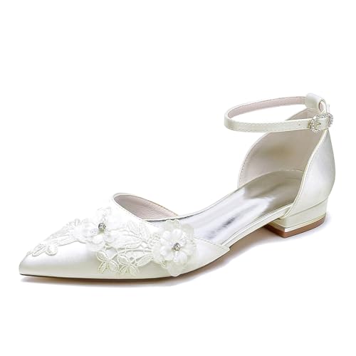 Hochzeit Schuhe Damen Satin Spitze Zehen Flache Braut Ballerinas Flache Schuhe Partei Abendschuhe 2.5Cm,Elfenbein,43 EU von Generic
