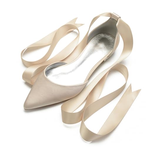 Hochzeits Bridal Schuhe Flache Schuhe Für Damen Spitze Zehen Ballet Flache Formelle Abend Abschlussball Party Kleid Schuhe 1.5Cm,Champagne,39 EU von Generic