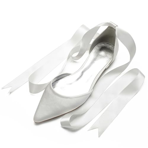 Hochzeits Bridal Schuhe Flache Schuhe Für Damen Spitze Zehen Ballet Flache Formelle Abend Abschlussball Party Kleid Schuhe 1.5Cm,Elfenbein,40 EU von Generic