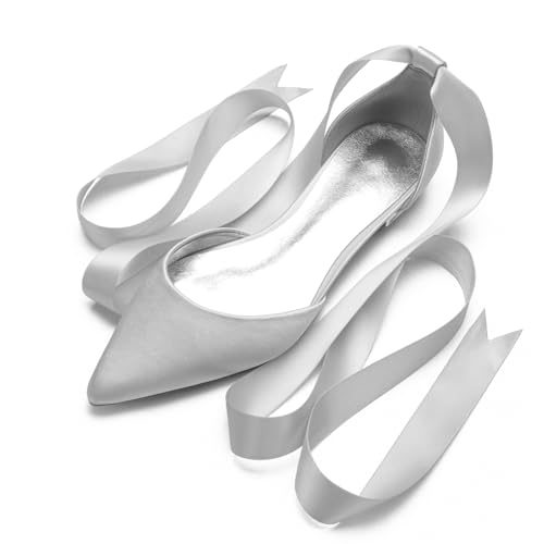 Hochzeits Bridal Schuhe Flache Schuhe Für Damen Spitze Zehen Ballet Flache Formelle Abend Abschlussball Party Kleid Schuhe 1.5Cm,Silber,42 EU von Generic