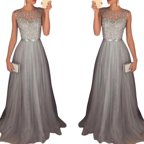 Hochzeitskleid Prinzessin Damen Glitzer, Retro Abendkleid Lang Elegant Partykleid Ärmellos Transparente Musselin Ballkleider Herzausschnitt Hohe Taille Cocktailkleid Pailletten Bodenlanger Rock von Generic