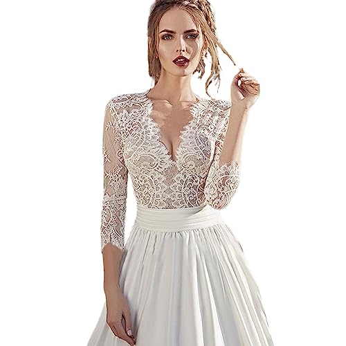 Hochzeitskleid Wedding Dresses Brautkleider Spitze Tiefer V Ausschnitt Hohe Taille Lange Ärmel Bodenlange Brautkleider,White,XL(65 von Generic