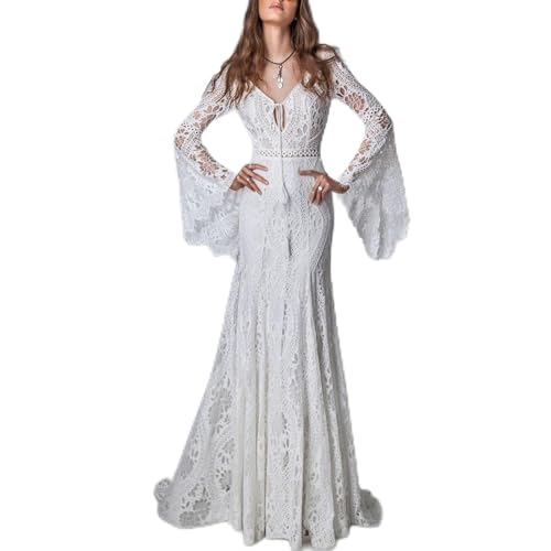 Hochzeitskleider für Lange Ärmeln Eine Linie Doppelt Deep v Neck Empire Taille Spitze Plus Größe Brautkleid Weiß Plus 44, Weiss, 42 von Generic