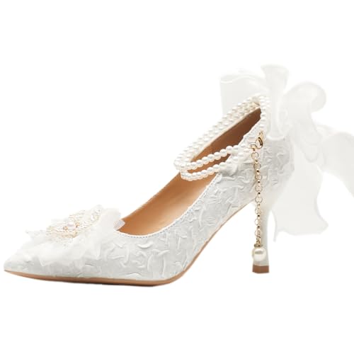Hochzeitspumps Damen Blumenmuster Spitze Zehen Stoff Hofschuhe Schleife Perlen Knöchelband Braut Party Beruf Mehrzweck Elegante Absätze,White(Heel:5cm),40 EU von Qynthra
