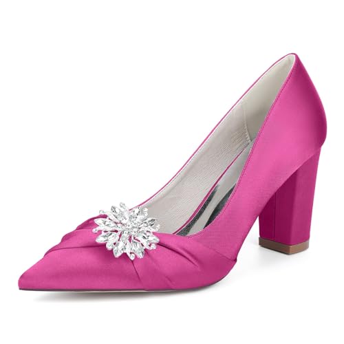 Hochzeitsschuhe Braut Damen Pumps Damen Schuhe Blockabsatz Satin Pointed Toe High Heels Partei Abendschuhe 8.5Cm,Rose red,39 EU von Generic