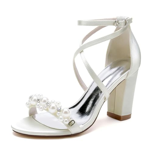 Hochzeitsschuhe Braut High Heels Sandalen Damen Sommer Satin Blockabsätze Perle Peeptoes Sandalen 8.5Cm,Elfenbein,40 EU von Generic