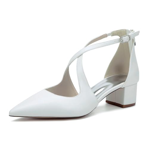 Hochzeitsschuhe Braut Pointed Toe High Heels Damen Satin Low Chunky Heel Partei Abendschuhe 4,5 cm,Weiß,40 EU Hochzeitsschuhe Braut Pointed Toe High Heels Damen Satin Low Chunky Heel Partei Abendschuhe 4,5 cm,Weiß,40 EU von Generic
