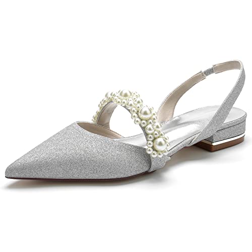 Hochzeitsschuhe Brautjungfern Damen Flache Schuhe Bridal Pointed Toe Kleid Flache 2.5Cm,Silber,43 EU von Generic