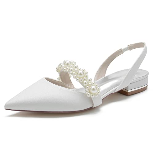 Hochzeitsschuhe Brautjungfern Damen Flache Schuhe Bridal Pointed Toe Kleid Flache 2.5Cm,Weiß,41 EU von Generic