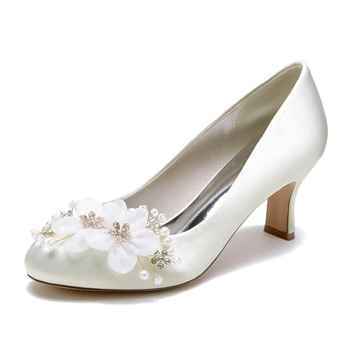 Hochzeitsschuhe Brautschuhe Damen Seide Wie Satin Stöckel Absatz Geschlossene Zehe Strass Kleider Niedriger Absatz Pumps 6.5Cm,Elfenbein,40 EU von Generic