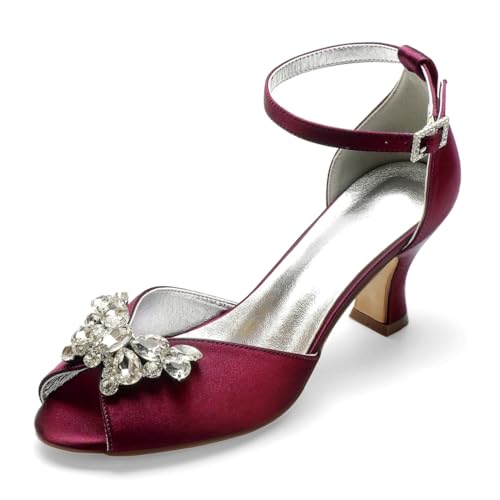 Hochzeitsschuhe Brautschuhe Low Heels Peeptoes Bridal Mittlerer Absatz Knöchelriemen Satin Partei Abendschuhe 6.5Cm,Burgundy,43 EU von Generic