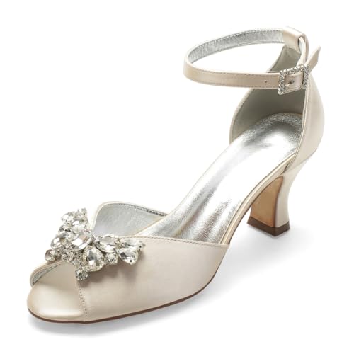 Hochzeitsschuhe Brautschuhe Low Heels Peeptoes Bridal Mittlerer Absatz Knöchelriemen Satin Partei Abendschuhe 6.5Cm,Champagne,42 EU von Generic