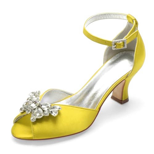 Hochzeitsschuhe Brautschuhe Low Heels Peeptoes Bridal Mittlerer Absatz Knöchelriemen Satin Partei Abendschuhe 6.5Cm,Gelb,36 EU von Generic