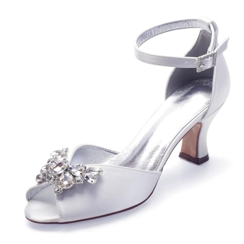 Hochzeitsschuhe Brautschuhe Low Heels Peeptoes Bridal Mittlerer Absatz Knöchelriemen Satin Partei Abendschuhe 6.5Cm,Weiß,37 EU von Generic