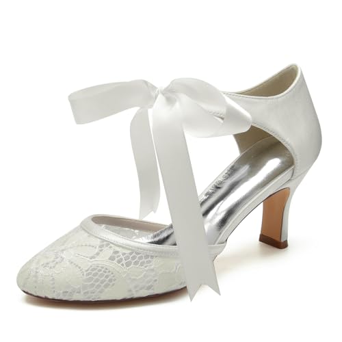 Hochzeitsschuhe Brautschuhe Satin Damen Runde Zehe Low Heels Formelle Abend Prom Party Schuhe 6.5Cm,Elfenbein,43 EU von Generic