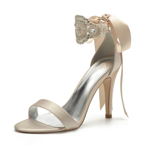 Hochzeitsschuhe Bridal Damen Peeptoes High Heels Bridal Stiletto Sandale Satin Partei Abendschuhe 10.5Cm,Champagne,36 EU von Generic