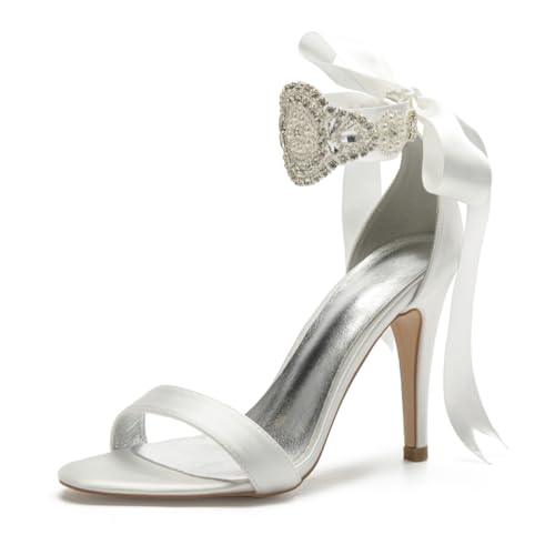Hochzeitsschuhe Bridal Damen Peeptoes High Heels Bridal Stiletto Sandale Satin Partei Abendschuhe 10.5Cm,Elfenbein,43 EU von Generic