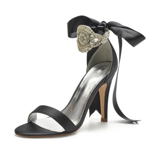 Hochzeitsschuhe Bridal Damen Peeptoes High Heels Bridal Stiletto Sandale Satin Partei Abendschuhe 10.5Cm,Schwarz,38 EU von Generic