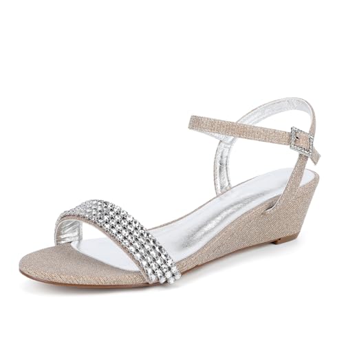 Hochzeitsschuhe Bridal Damen Satin Open Toe Formale Prom Party Kleid Schuhe Bequeme Bridal Wedges Low Heel Sandalen 4Cm,Champagne,41 EU von Generic
