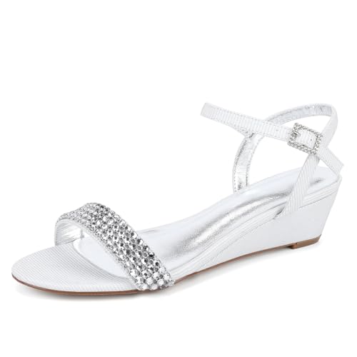 Hochzeitsschuhe Bridal Damen Satin Open Toe Formale Prom Party Kleid Schuhe Bequeme Bridal Wedges Low Heel Sandalen 4Cm,Elfenbein,37 EU von Generic