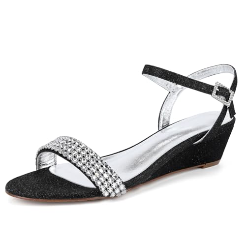 Hochzeitsschuhe Bridal Damen Satin Open Toe Formale Prom Party Kleid Schuhe Bequeme Bridal Wedges Low Heel Sandalen 4Cm,Schwarz,37 EU von Generic