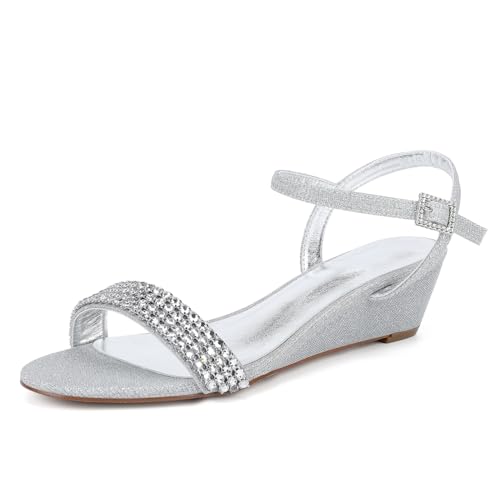 Hochzeitsschuhe Bridal Damen Satin Open Toe Formale Prom Party Kleid Schuhe Bequeme Bridal Wedges Low Heel Sandalen 4Cm,Silber,36 EU von Generic