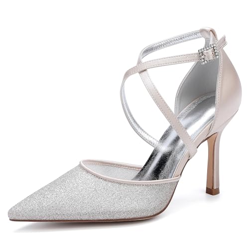 Hochzeitsschuhe Bridal High Heel Damen Stiletto Cross Gürtel Spitze Zehen Abendschuhe Für Party Satin Brautschuhe 9Cm,Champagne,36 EU von Generic
