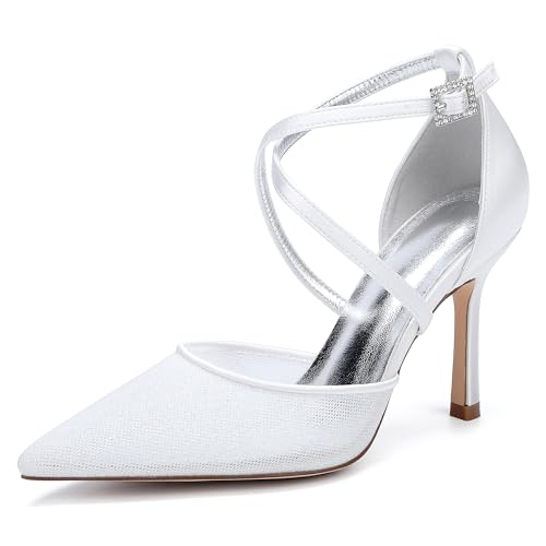 Hochzeitsschuhe Bridal High Heel Damen Stiletto Cross Gürtel Spitze Zehen Abendschuhe Für Party Satin Brautschuhe 9Cm,Elfenbein,37 EU von Generic