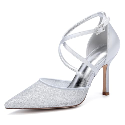 Hochzeitsschuhe Bridal High Heel Damen Stiletto Cross Gürtel Spitze Zehen Abendschuhe Für Party Satin Brautschuhe 9Cm,Silber,42 EU von Generic