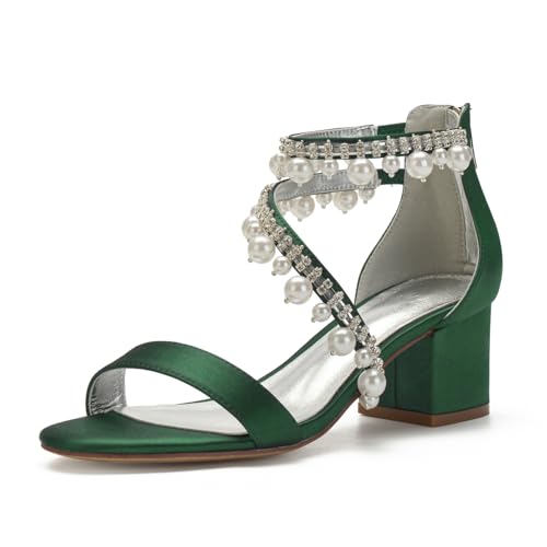 Hochzeitsschuhe Bridal Satin Perlen Lumpy Absätze Bridal High Sandals Brautschuhe Abendschuhe Party Kleid Schuhe 5.5Cm,Dark Green,40 EU von Generic