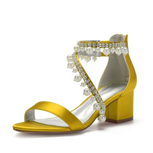 Hochzeitsschuhe Bridal Satin Perlen Lumpy Absätze Bridal High Sandals Brautschuhe Abendschuhe Party Kleid Schuhe 5.5Cm,Gelb,38 EU von Generic