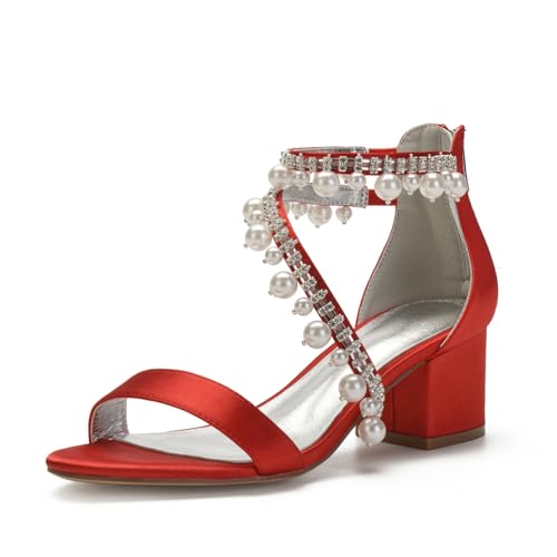 Hochzeitsschuhe Bridal Satin Perlen Lumpy Absätze Bridal High Sandals Brautschuhe Abendschuhe Party Kleid Schuhe 5.5Cm,Rot,41 EU von Generic