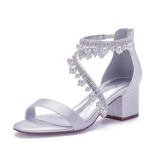 Hochzeitsschuhe Bridal Satin Perlen Lumpy Absätze Bridal High Sandals Brautschuhe Abendschuhe Party Kleid Schuhe 5.5Cm,Weiß,37 EU von Generic