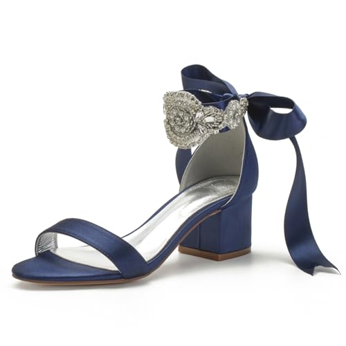 Hochzeitsschuhe Damen Absatz Bequeme Sandalen Sommerschuhe Bridal Eleganter Klassischer Blockabsatz Schuhe 5.5Cm,Dark Blue,37 EU von Generic
