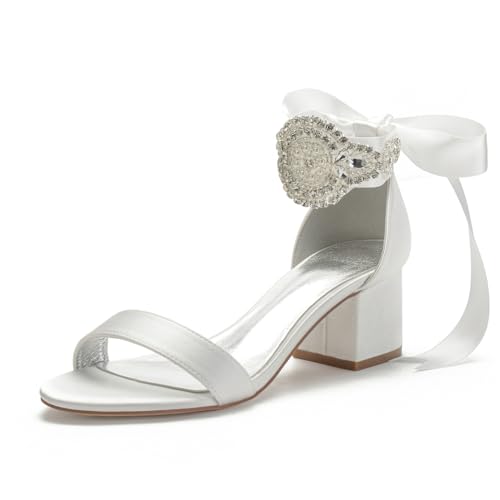 Hochzeitsschuhe Damen Absatz Bequeme Sandalen Sommerschuhe Bridal Eleganter Klassischer Blockabsatz Schuhe 5.5Cm,Elfenbein,42 EU von Generic