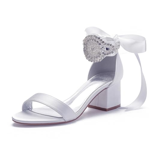 Hochzeitsschuhe Damen Absatz Bequeme Sandalen Sommerschuhe Bridal Eleganter Klassischer Blockabsatz Schuhe 5.5Cm,Weiß,42 EU von Generic