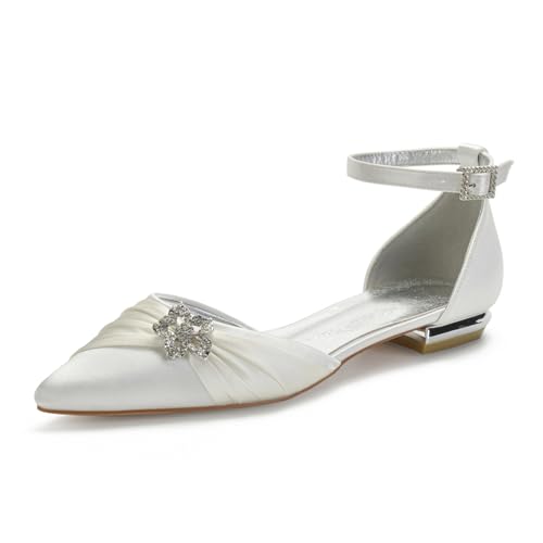 Hochzeitsschuhe Damen Ballerinas Mit Spitzem Zehenteil Bridal Bequeme Flache Knöchelriemen Satin Partei Abendschuhe 1.5Cm,Elfenbein,39 EU von Generic