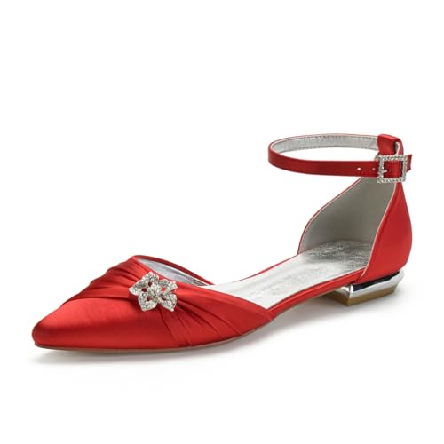 Hochzeitsschuhe Damen Ballerinas Mit Spitzem Zehenteil Bridal Bequeme Flache Knöchelriemen Satin Partei Abendschuhe 1.5Cm,Rot,37 EU von Generic