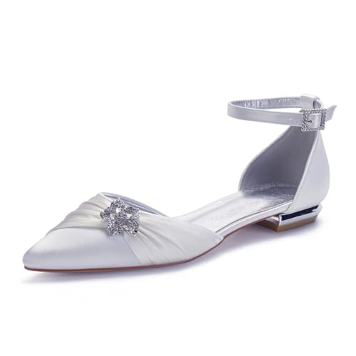 Hochzeitsschuhe Damen Ballerinas Mit Spitzem Zehenteil Bridal Bequeme Flache Knöchelriemen Satin Partei Abendschuhe 1.5Cm,Weiß,39 EU von Generic