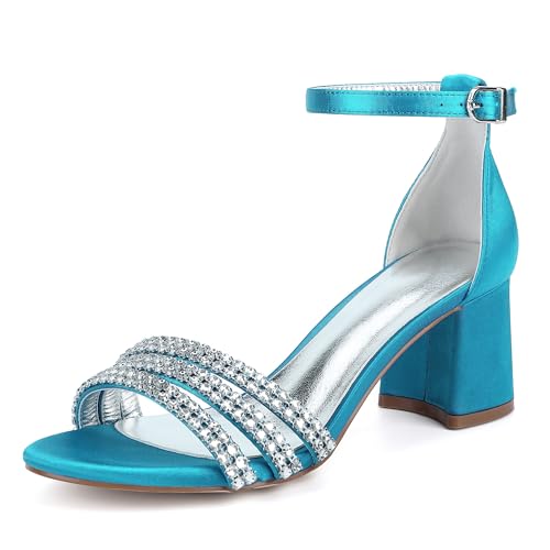 Hochzeitsschuhe Damen Blockabsatz Sandalen Absatz Offene Bridal Satin Prom Party Dress Pumps 6.5Cm,Blue Green,43 EU von Generic