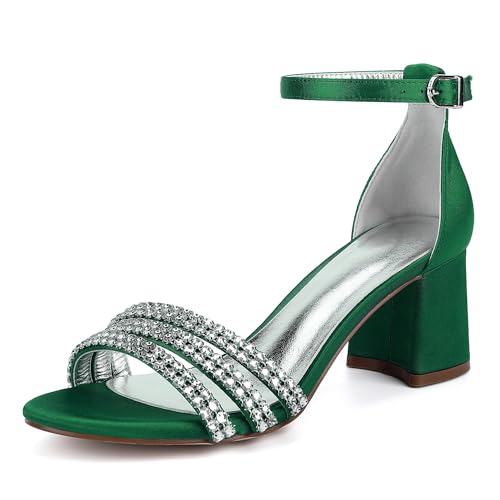 Hochzeitsschuhe Damen Blockabsatz Sandalen Absatz Offene Bridal Satin Prom Party Dress Pumps 6.5Cm,Grün,38 EU von Generic