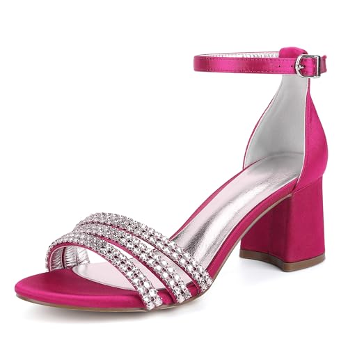 Hochzeitsschuhe Damen Blockabsatz Sandalen Absatz Offene Bridal Satin Prom Party Dress Pumps 6.5Cm,Rose red,39 EU von Generic