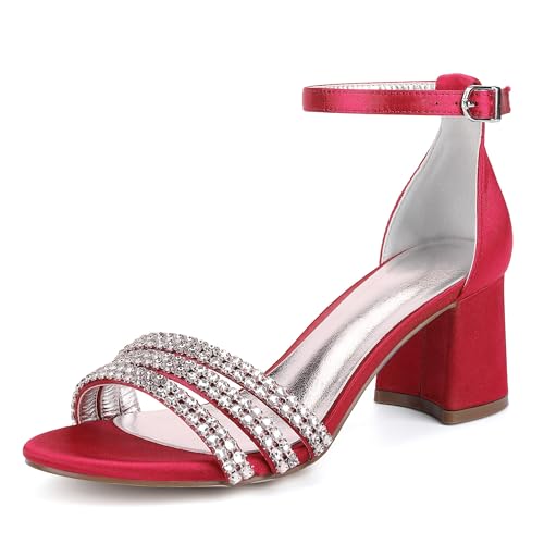 Hochzeitsschuhe Damen Blockabsatz Sandalen Absatz Offene Bridal Satin Prom Party Dress Pumps 6.5Cm,Rot,40 EU von Generic