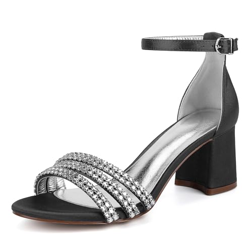 Hochzeitsschuhe Damen Blockabsatz Sandalen Absatz Offene Bridal Satin Prom Party Dress Pumps 6.5Cm,Schwarz,38 EU von Generic
