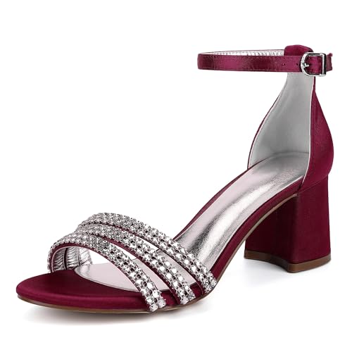Hochzeitsschuhe Damen Blockabsatz Sandalen Absatz Offene Bridal Satin Prom Party Dress Pumps 6.5Cm,Wine red,36 EU von Generic