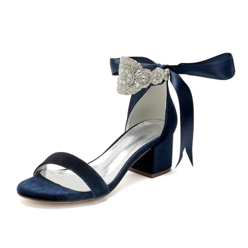 Hochzeitsschuhe Damen Blockabsatz Sandalen Offene Bequeme Zehen Knöchelriemen Klobigen Bridal High Heels Sandaletten 5.5Cm,Dark Blue,41 EU von Generic